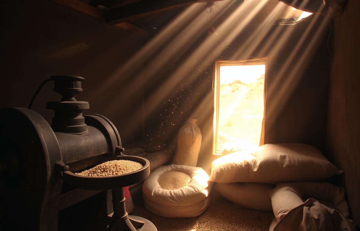 Machinery and grain sacks inside the Annapurna Agro Rice Mill