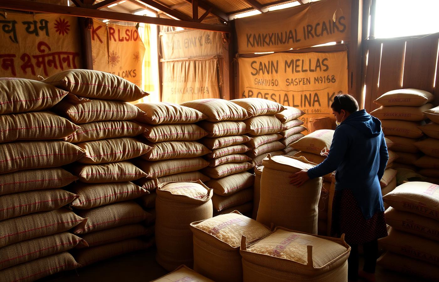 Jute sacks of milled rice stacked and sealed at the mill