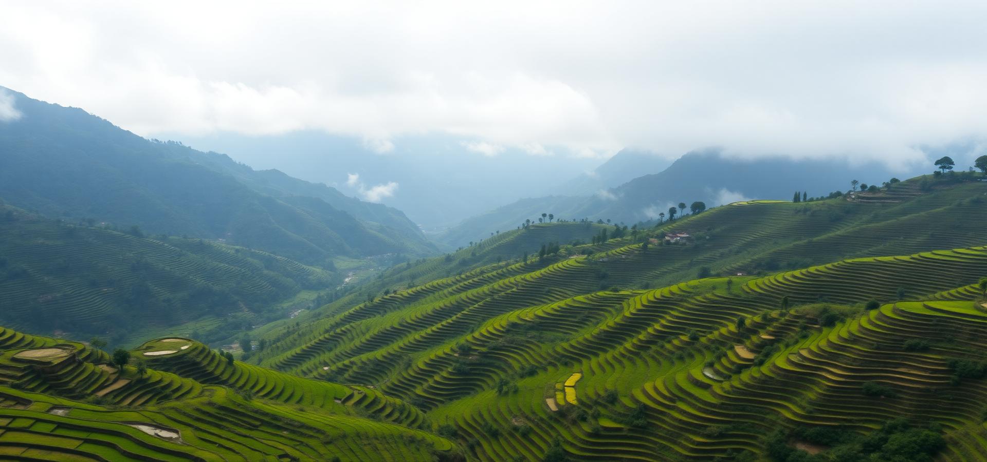 Green rice terraces in the hills of Nepal before harvest