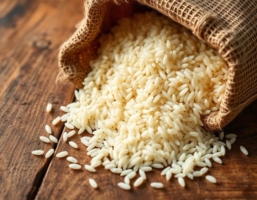 Milled white rice spilling from a jute sack